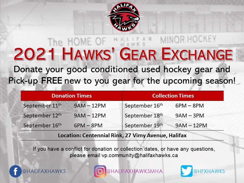 Hawks 2021 Gear Exchange Dates and Times Halifax Minor Hockey